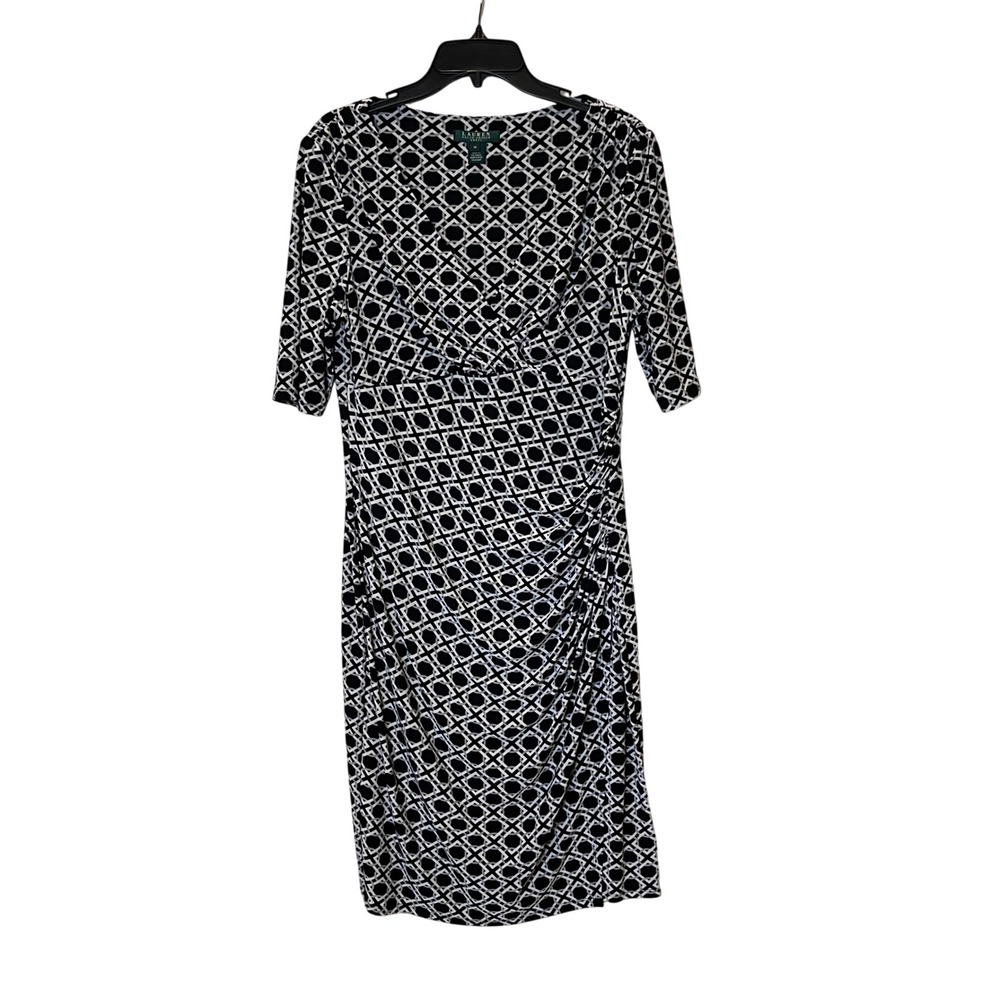 Lauren Ralph Lauren Faux Wrap Midi Dress Black White Geometric 14 Career Empire